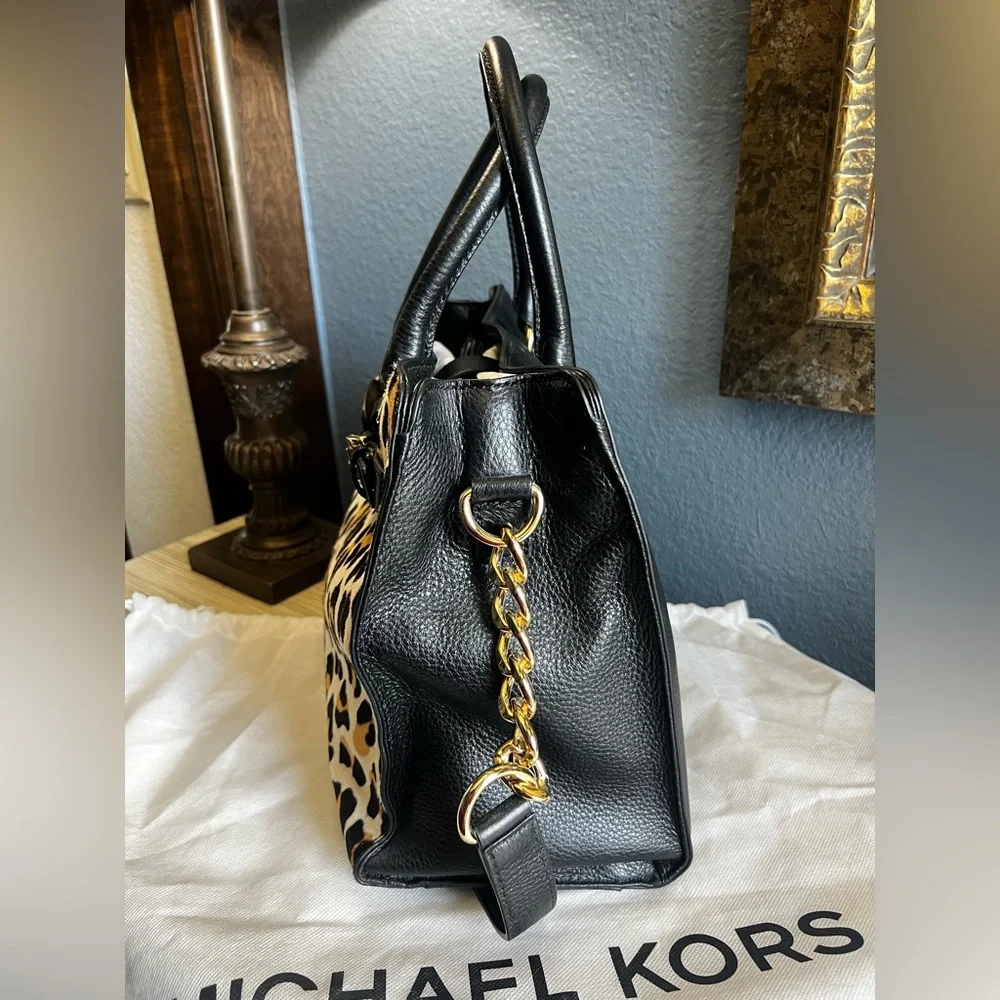 NEW!!! Michael Kors Leopard-Print Satchel in Black, Tan & Cream